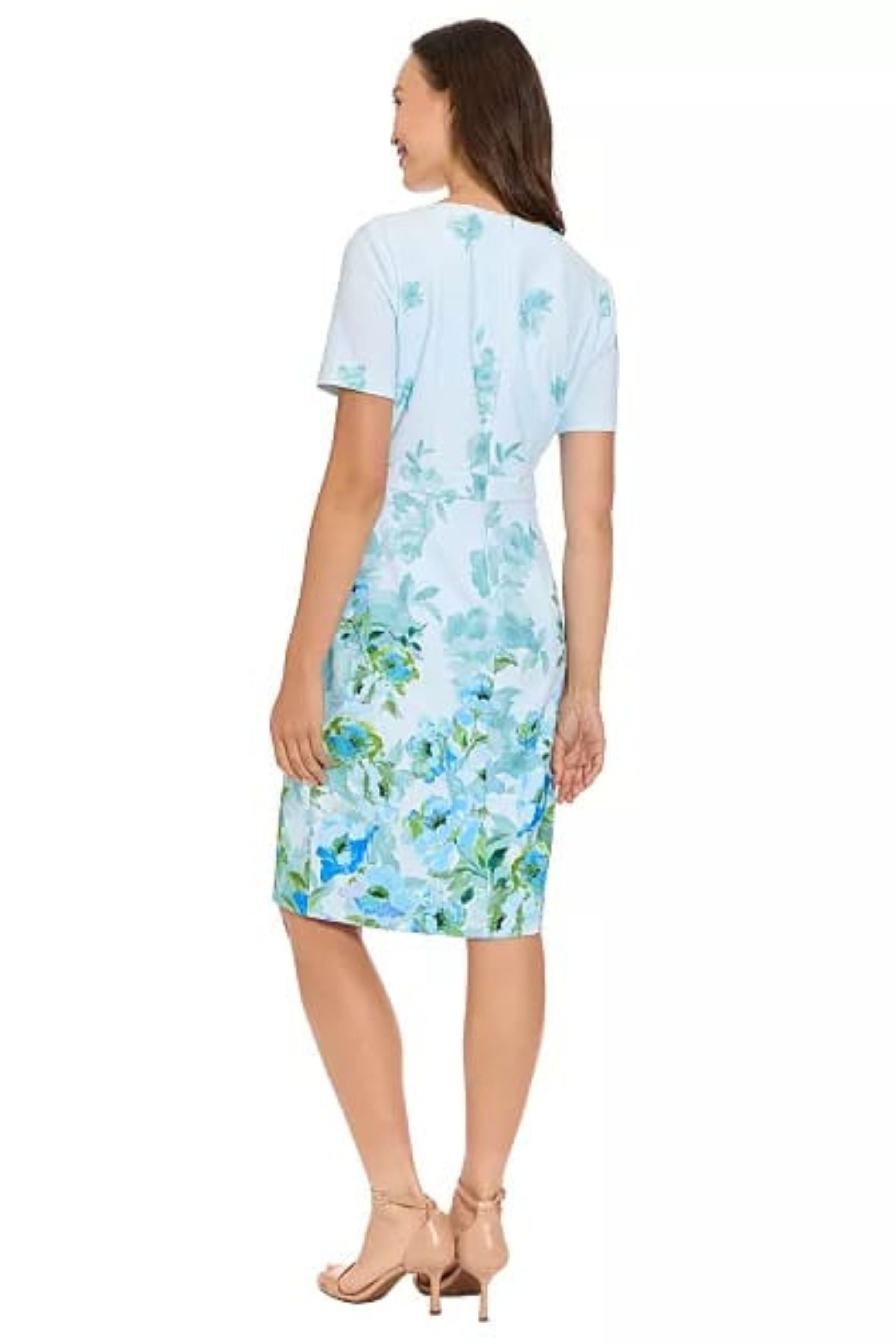 London Times T10250M Floral Scuba Short Sleeve Asymmetrical Neck Scuba Crepe Sheath Dress