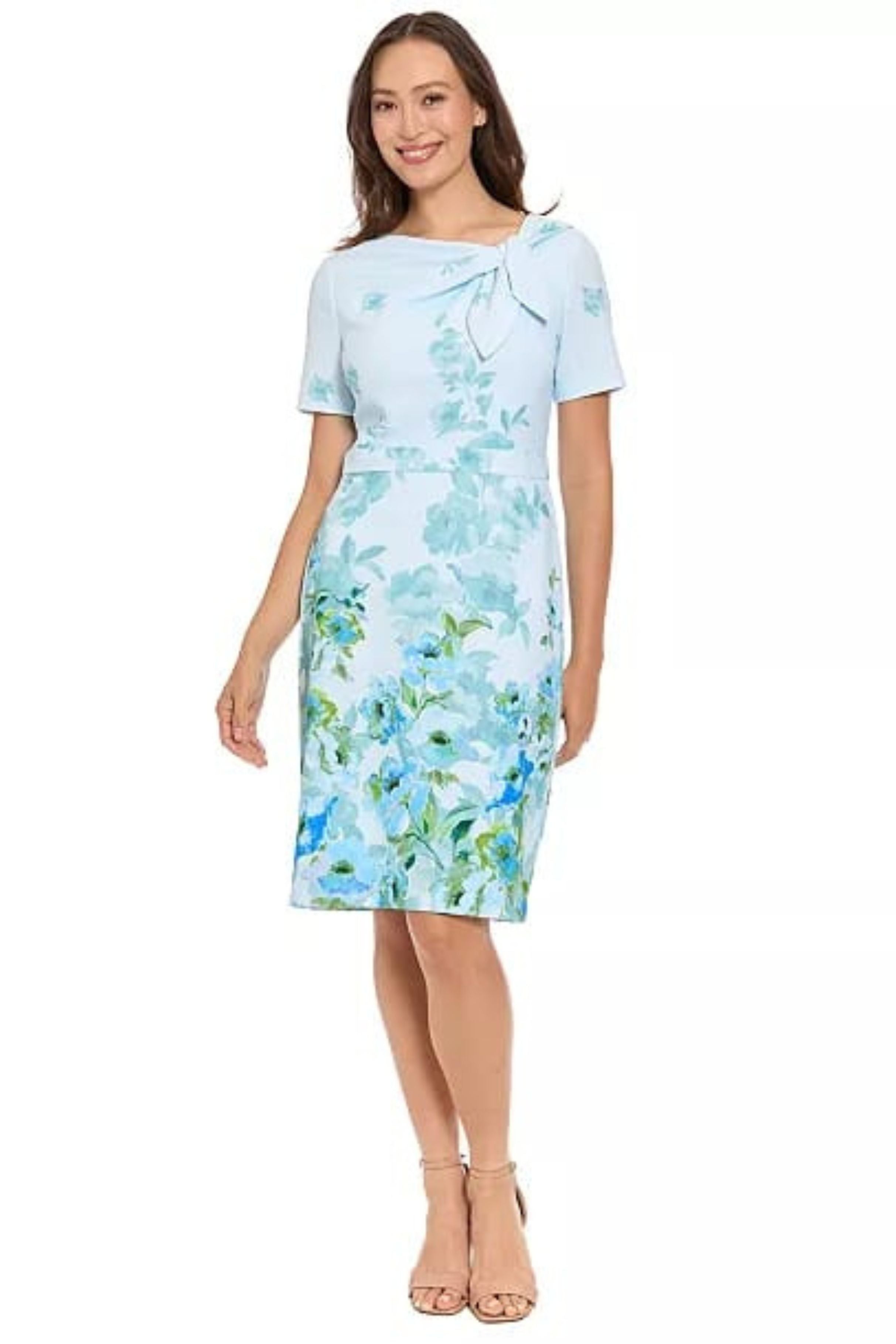 London Times T10250M Floral Scuba Short Sleeve Asymmetrical Neck Scuba Crepe Sheath Dress