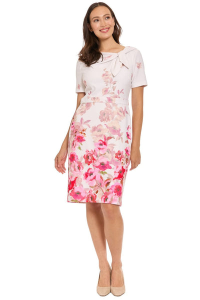 London Times T10250M Floral Scuba Short Sleeve Asymmetrical Neck Scuba Crepe Sheath Dress