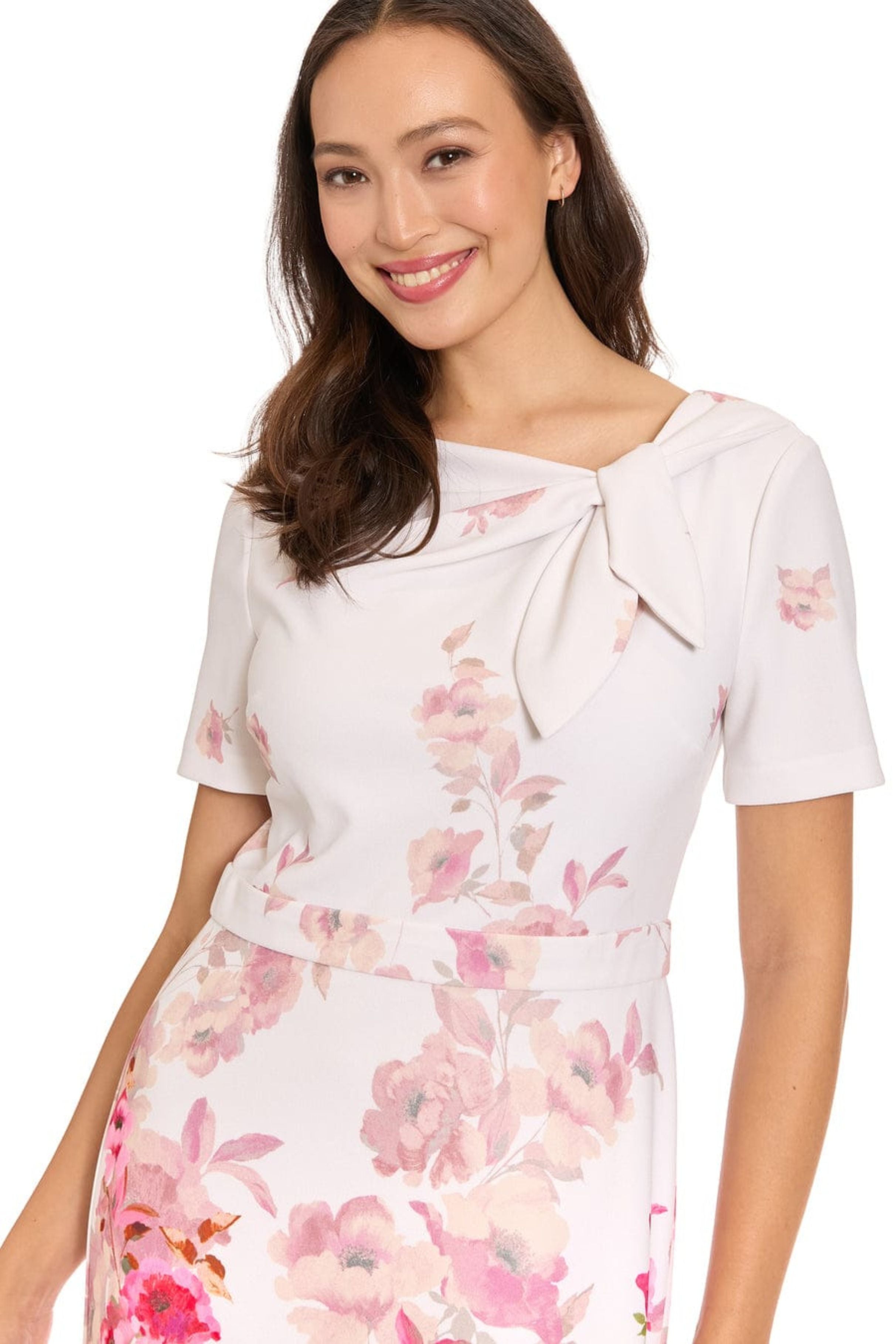 London Times T10250M Floral Scuba Short Sleeve Asymmetrical Neck Scuba Crepe Sheath Dress