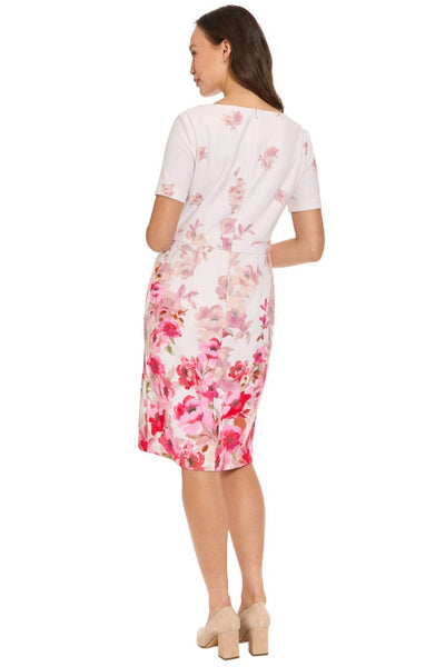London Times T10250M Floral Scuba Short Sleeve Asymmetrical Neck Scuba Crepe Sheath Dress