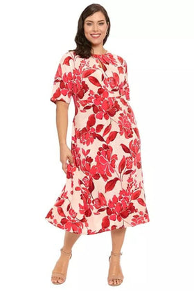 London Times T10260M Ivory & Red Floral Keyhole Short Sleeve Crew Neck A-Line Midi Dress with Cutout Detail