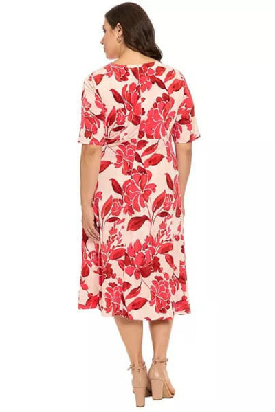 London Times T10260M Ivory & Red Floral Keyhole Short Sleeve Crew Neck A-Line Midi Dress with Cutout Detail