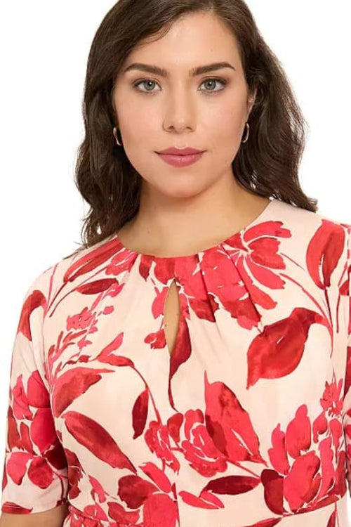 London Times T10260M Ivory & Red Floral Keyhole Short Sleeve Crew Neck A-Line Midi Dress with Cutout Detail