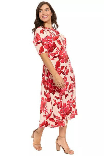 London Times T10260M Ivory & Red Floral Keyhole Short Sleeve Crew Neck A-Line Midi Dress with Cutout Detail