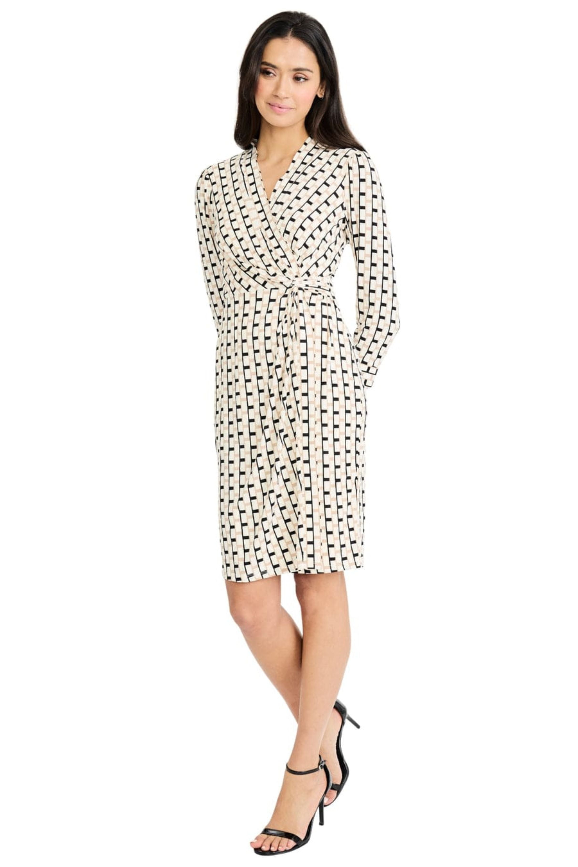 London Times T10288M Black Cream Geometric Print Faux-Wrap Long Sleeve Surplice V-Neck Stretch Jersey Sheath Dress