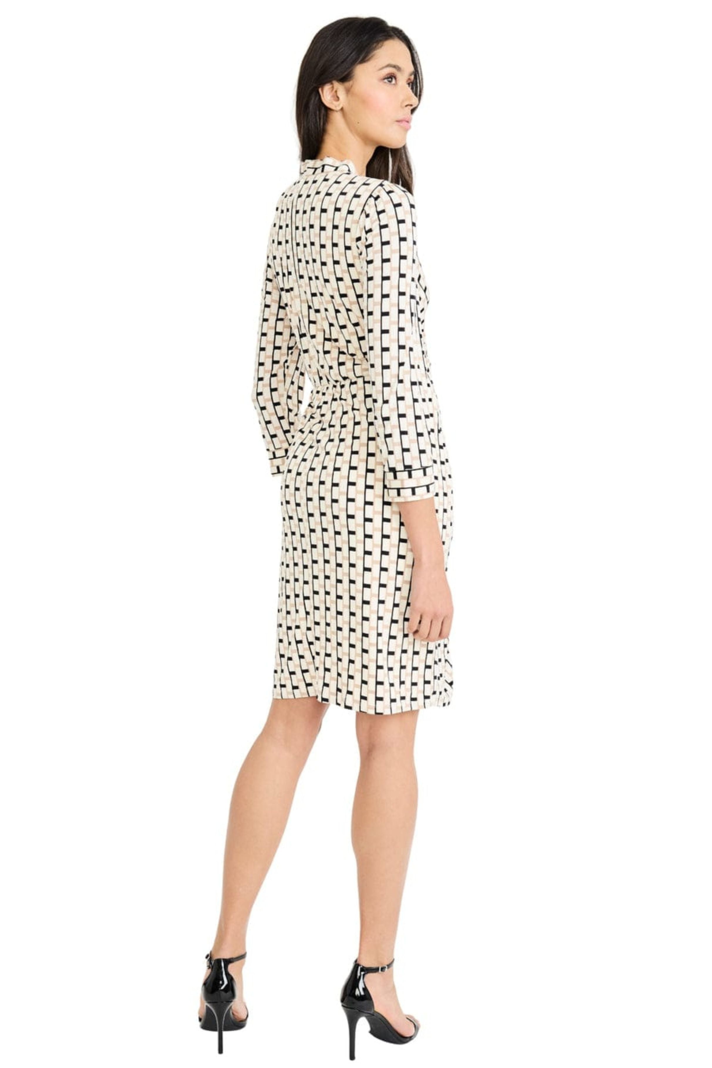 London Times T10288M Black Cream Geometric Print Faux-Wrap Long Sleeve Surplice V-Neck Stretch Jersey Sheath Dress
