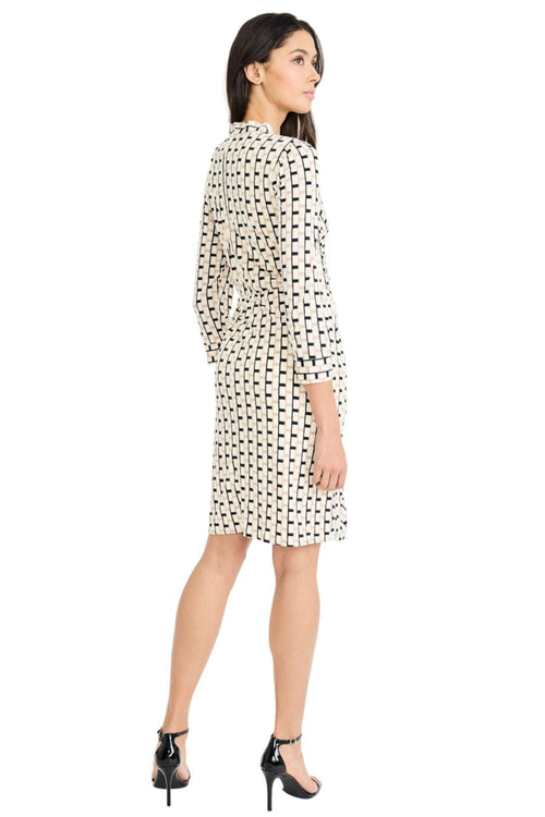 London Times T10288M Black Cream Geometric Print Faux-Wrap Long Sleeve Surplice V-Neck Stretch Jersey Sheath Dress