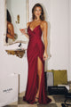Satin Fitted V-Neck Slit Gown in Burgundy – Amoris T102