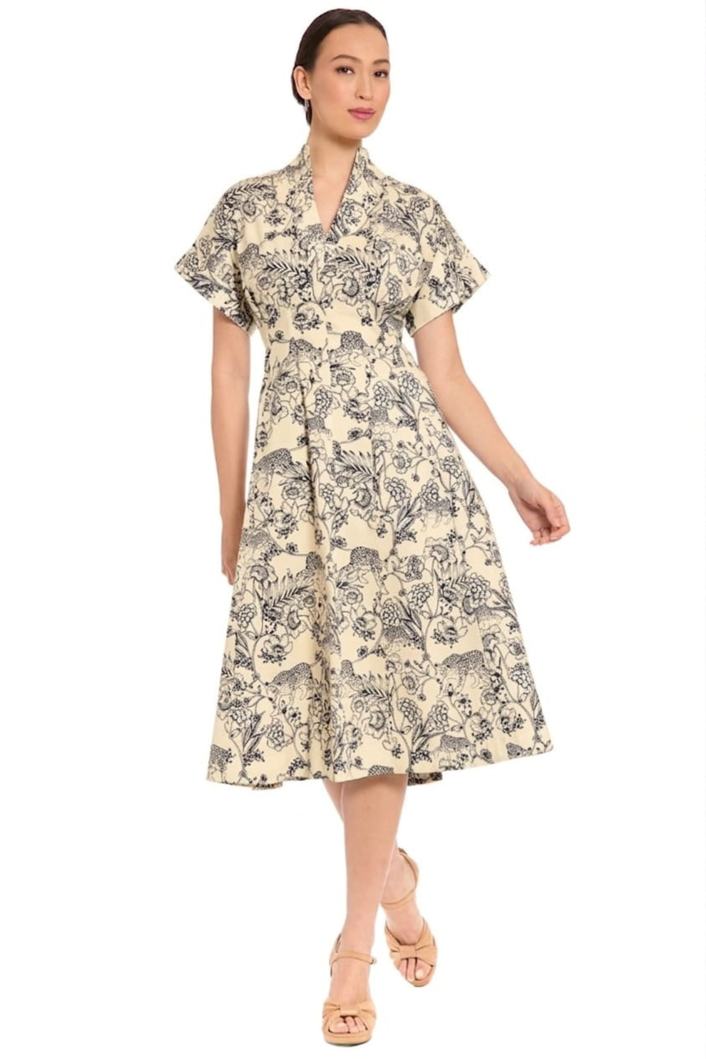 London Times T10311M Toile Print Fit-and-Flare Short Sleeve V-Neck