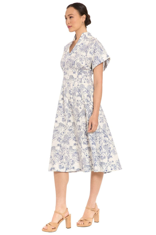 London Times T10311M Toile Print Fit-and-Flare Short Sleeve V-Neck A-Line Dress with Pleated Detail