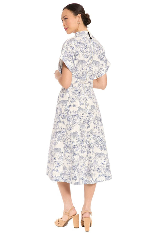 London Times T10311M Toile Print Fit-and-Flare Short Sleeve V-Neck A-Line Dress with Pleated Detail