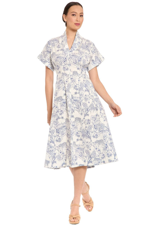 London Times T10311M Toile Print Fit-and-Flare Short Sleeve V-Neck A-Line Dress with Pleated Detail