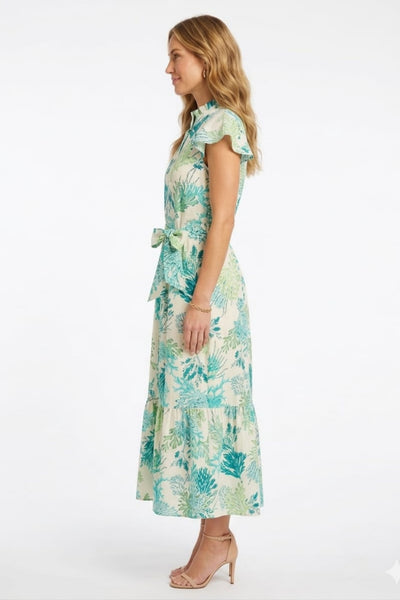 London Times T10313M Cream Green Coral Print Tiered Ruffle-Trim Sleeve A-Line Midi Dress with Ruffled Detail and Tie Sash Belt