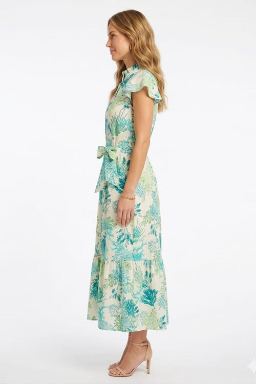 London Times T10313M Cream Green Coral Print Tiered Ruffle-Trim Sleeve A-Line Midi Dress with Ruffled Detail and Tie Sash Belt