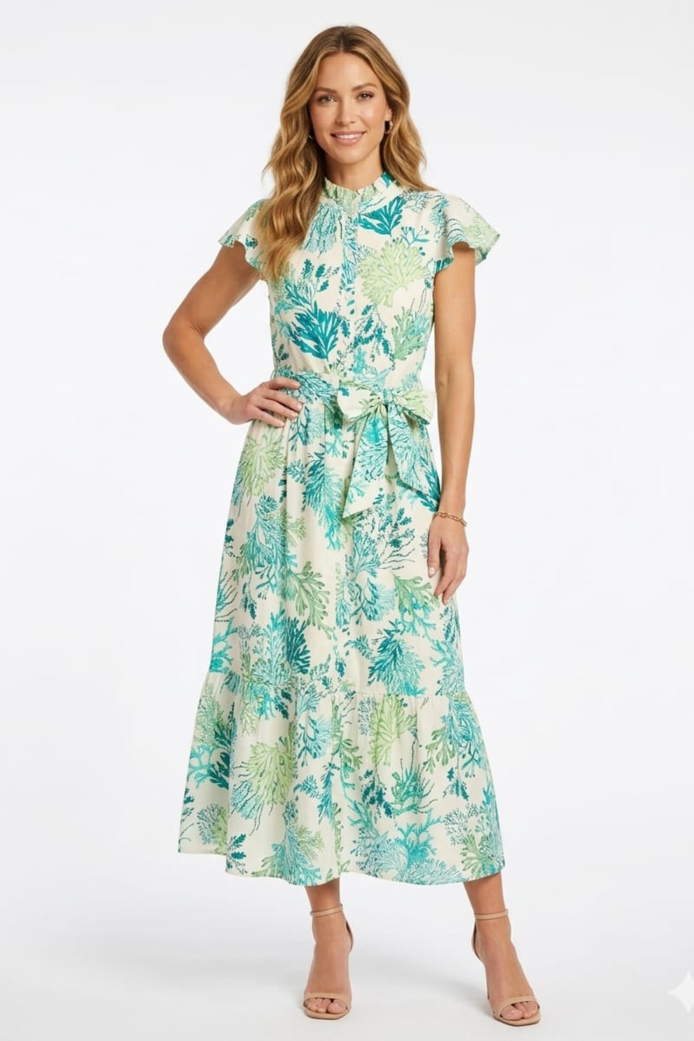 London Times T10313M Cream Green Coral Print Tiered Ruffle-Trim Sleeve A-Line Midi Dress with Ruffled Detail and Tie Sash Belt
