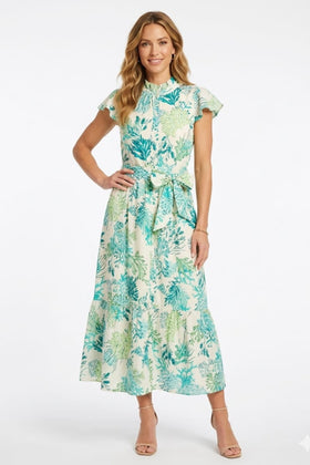 London Times T10313M Cream Green Coral Print Tiered Ruffle-Trim Sleeve A-Line Midi Dress with Ruffled Detail and Tie Sash Belt