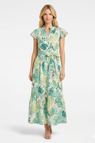 London Times T10313M Cream Green Coral Print Tiered Ruffle-Trim Sleeve A-Line Midi Dress with Ruffled Detail and Tie Sash Belt