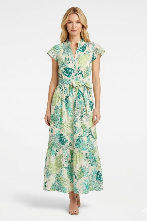 London Times T10313M Cream Green Coral Print Tiered Ruffle-Trim Sleeve A-Line Midi Dress with Ruffled Detail and Tie Sash Belt