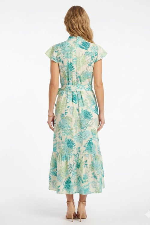 London Times T10313M Cream Green Coral Print Tiered Ruffle-Trim Sleeve A-Line Midi Dress with Ruffled Detail and Tie Sash Belt
