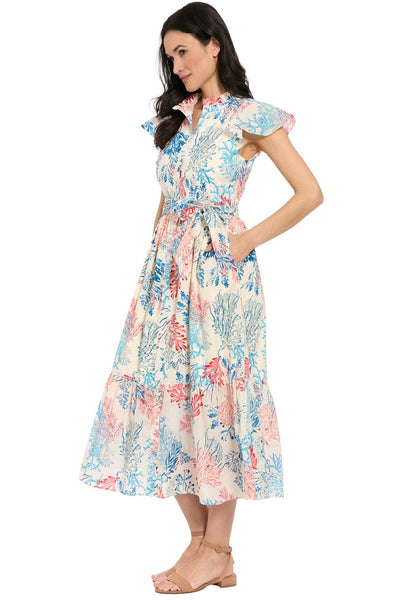 London Times T10313M Ivory Coral Coral Print Tiered Ruffle-Trim Sleeve A-Line Midi Dress with Ruffled Detail and Tie Sash Belt
