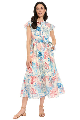 London Times T10313M Ivory Coral Coral Print Tiered Ruffle-Trim Sleeve A-Line Midi Dress with Ruffled Detail and Tie Sash Belt