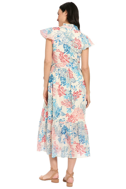 London Times T10313M Ivory Coral Coral Print Tiered Ruffle-Trim Sleeve A-Line Midi Dress with Ruffled Detail and Tie Sash Belt