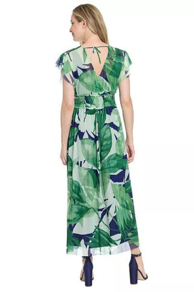 London Times T10340M Navy & Green Tropical Ruffle-Trim Sleeve Surplice V-Neck Wrap Chiffon Maxi Dress with Sheer Detail