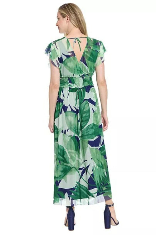 London Times T10340M Navy & Green Tropical Ruffle-Trim Sleeve Surplice V-Neck Wrap Chiffon Maxi Dress with Sheer Detail