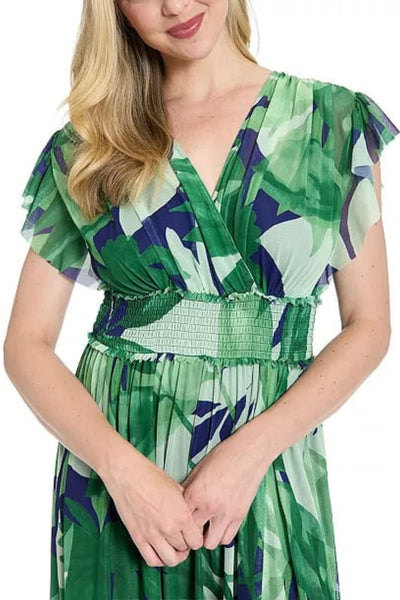 London Times T10340M Navy & Green Tropical Ruffle-Trim Sleeve Surplice V-Neck Wrap Chiffon Maxi Dress with Sheer Detail
