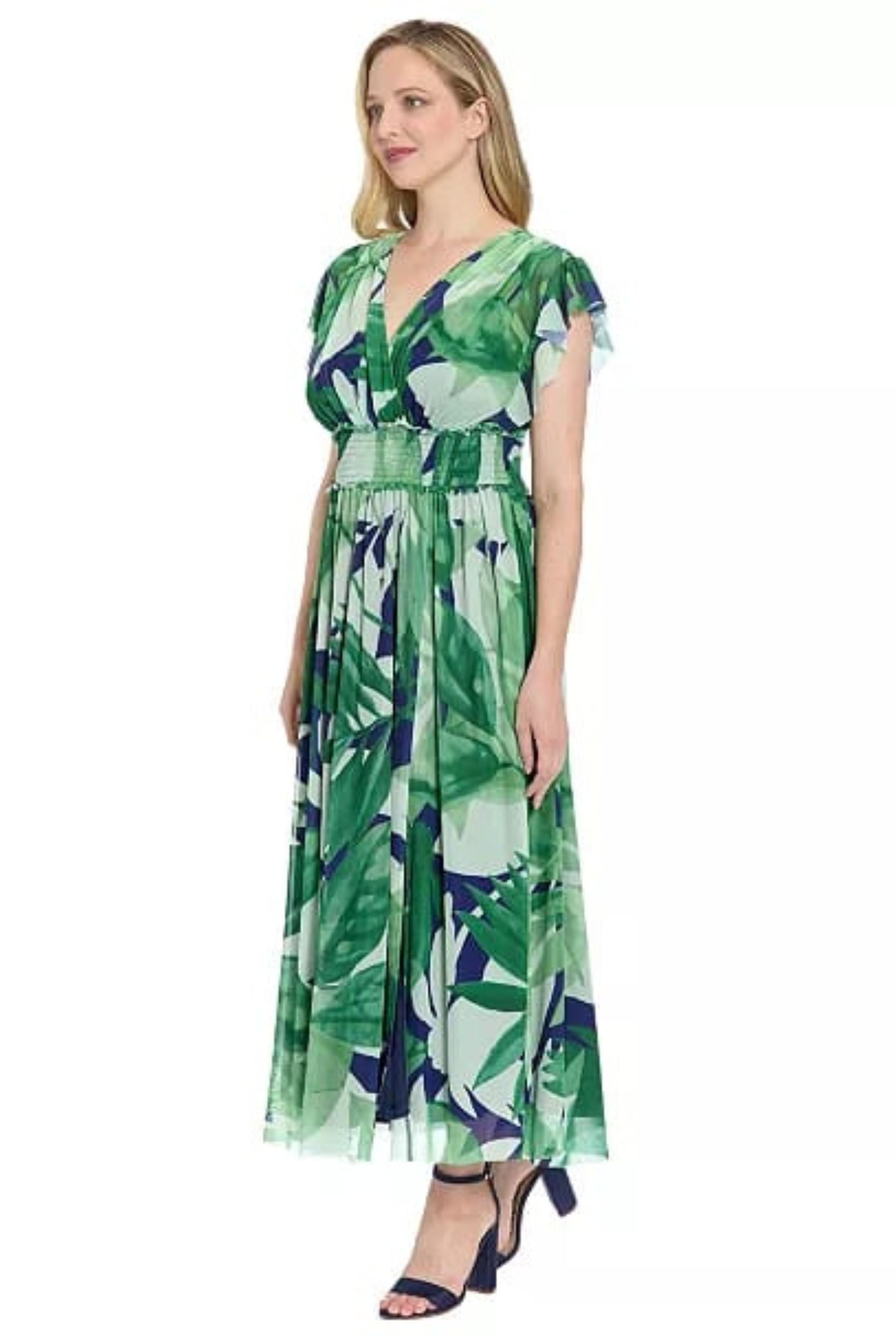 London Times T10340M Navy & Green Tropical Ruffle-Trim Sleeve Surplice V-Neck Wrap Chiffon Maxi Dress with Sheer Detail