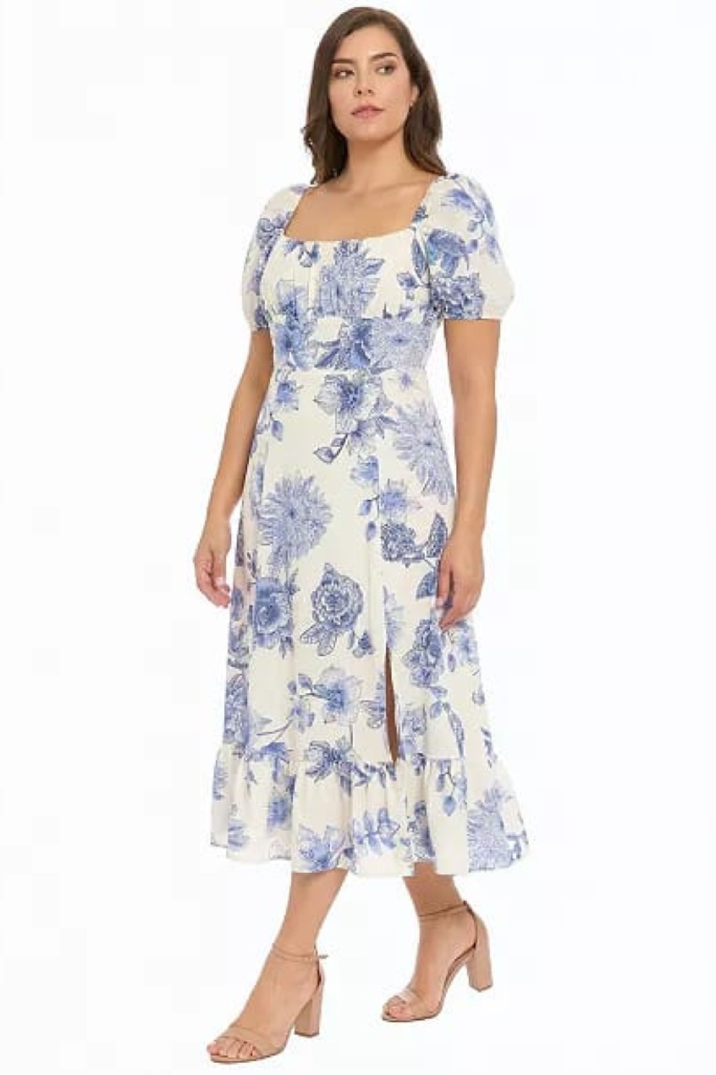 London Times T10358M Linen Floral Puff Sleeve Square Neck A-Line Midi Dress with Ruffled Detail and Empire Waist