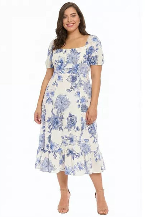 London Times T10358M Linen Floral Puff Sleeve Square Neck A-Line Midi Dress with Ruffled Detail and Empire Waist
