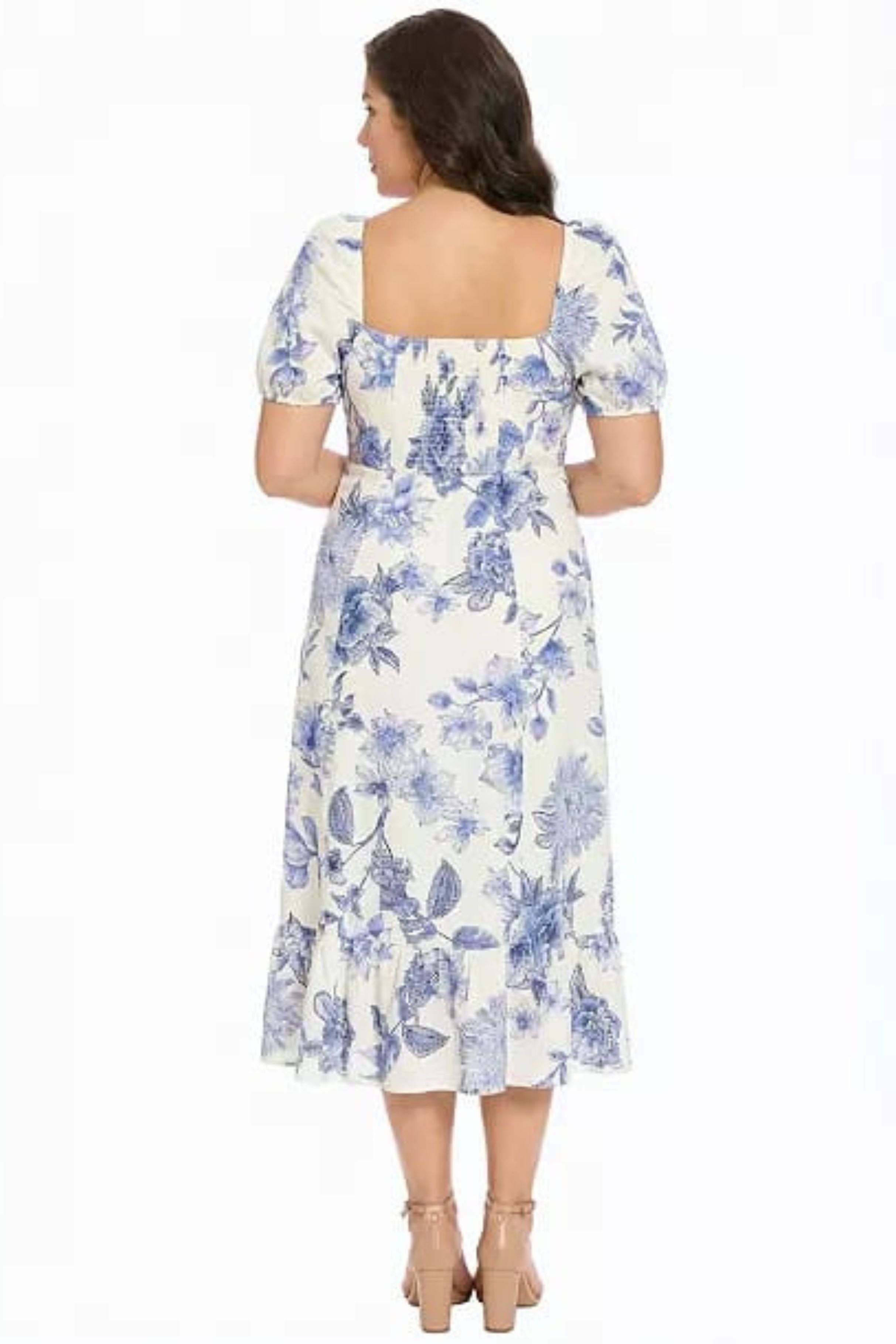 London Times T10358M Linen Floral Puff Sleeve Square Neck A-Line Midi Dress with Ruffled Detail and Empire Waist