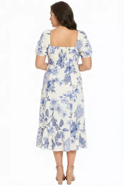 London Times T10358M Linen Floral Puff Sleeve Square Neck A-Line Midi Dress with Ruffled Detail and Empire Waist