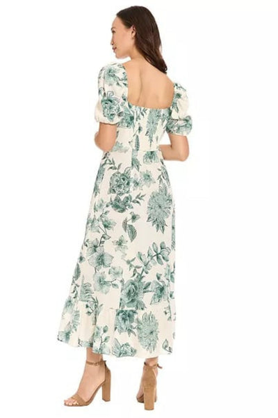 London Times T10358M Linen Floral Puff Sleeve Square Neck A-Line Midi Dress with Ruffled Detail and Empire Waist