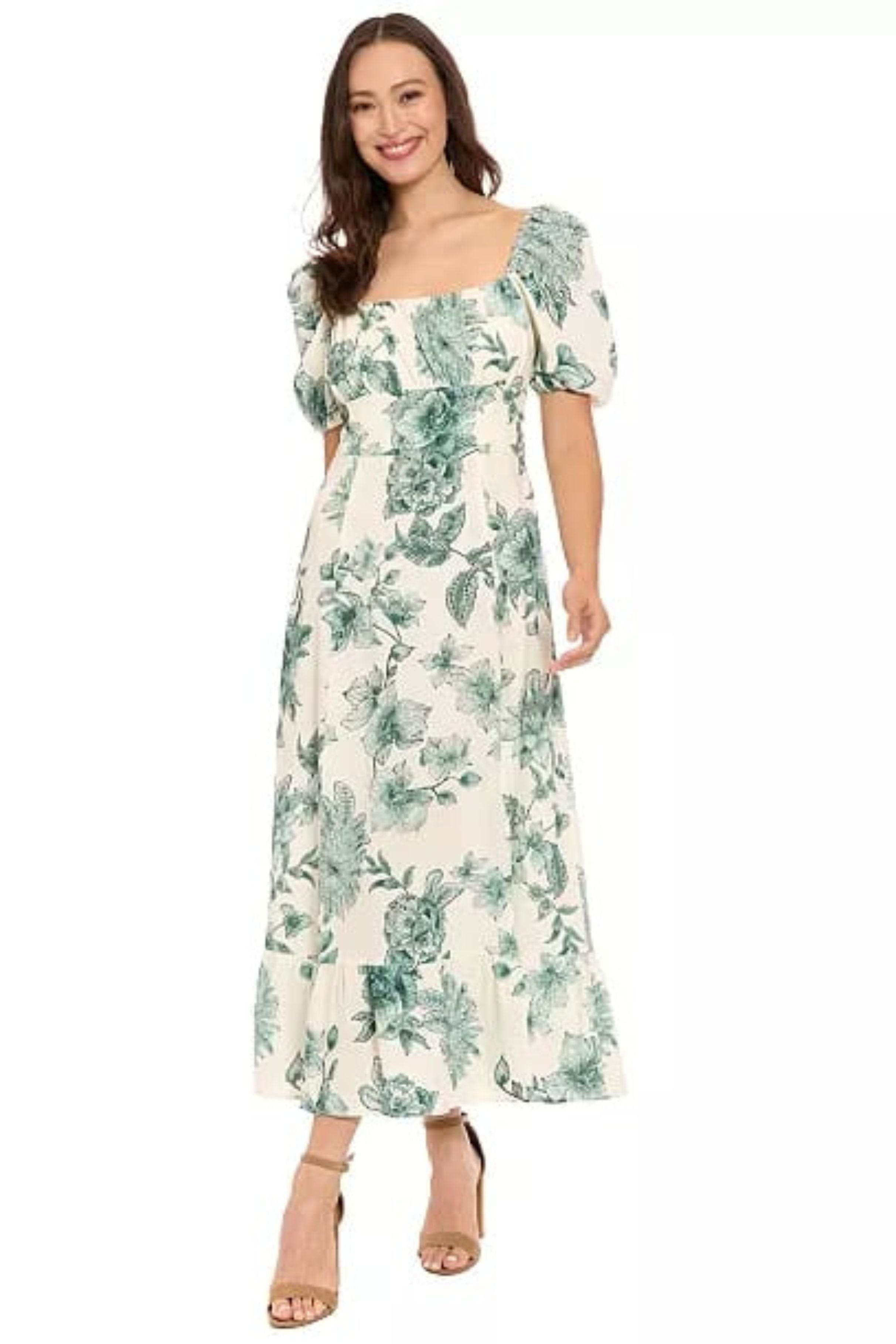 London Times T10358M Linen Floral Puff Sleeve Square Neck A-Line Midi Dress with Ruffled Detail and Empire Waist