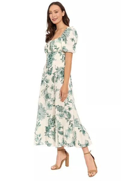 London Times T10358M Linen Floral Puff Sleeve Square Neck A-Line Midi Dress with Ruffled Detail and Empire Waist