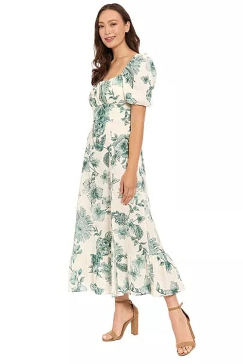 London Times T10358M Linen Floral Puff Sleeve Square Neck A-Line Midi Dress with Ruffled Detail and Empire Waist