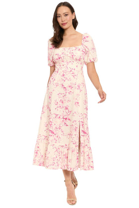 London Times T10360M Ivory Raspberry Linen Floral Puff Sleeve Square Neck A-Line Midi Dress with Slit Detail and Ruffled Detail