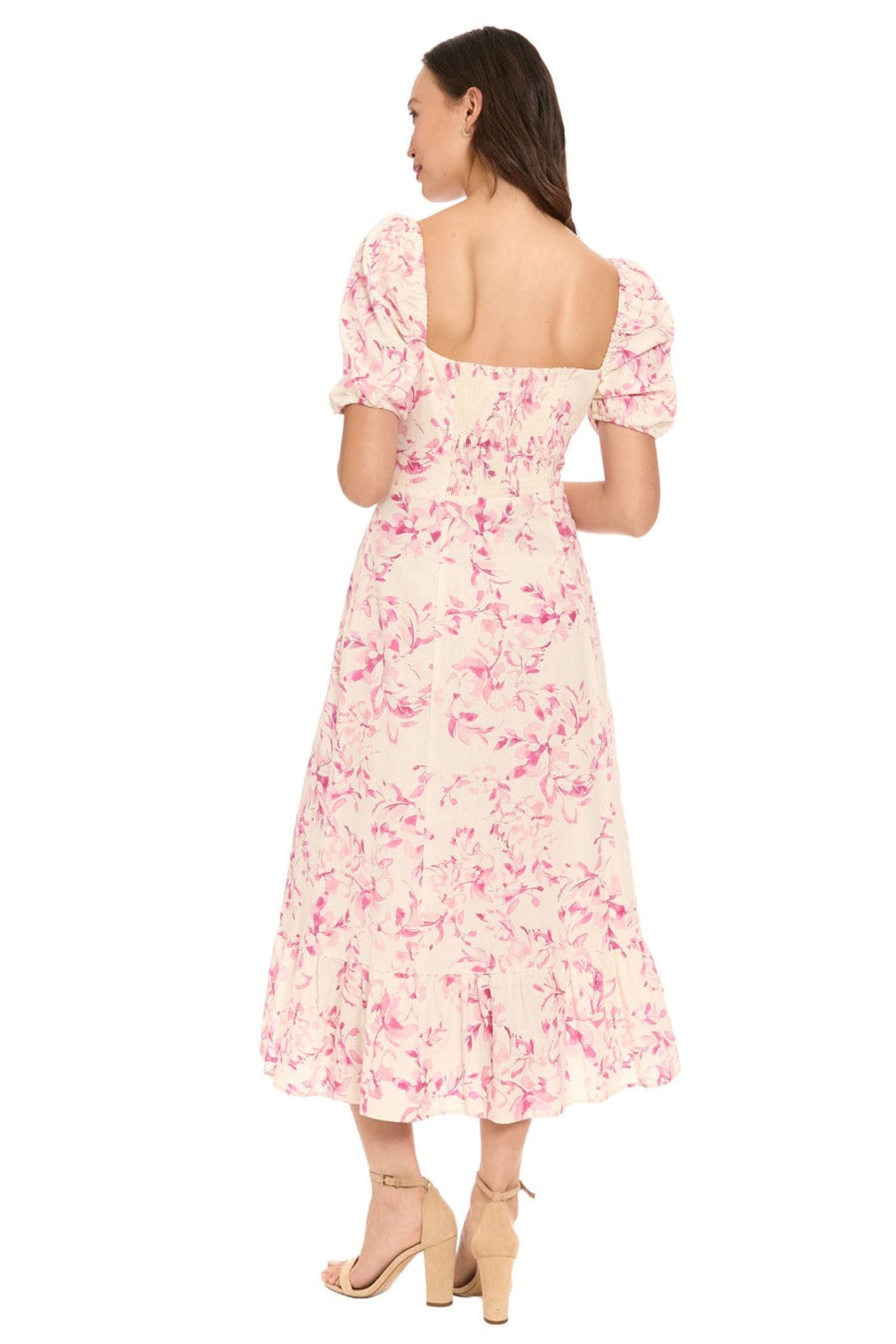 London Times T10360M Ivory Raspberry Linen Floral Puff Sleeve Square Neck A-Line Midi Dress with Slit Detail and Ruffled Detail