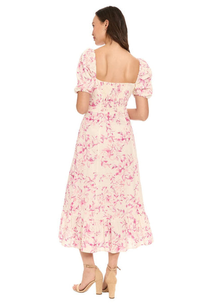 London Times T10360M Ivory Raspberry Linen Floral Puff Sleeve Square Neck A-Line Midi Dress with Slit Detail and Ruffled Detail