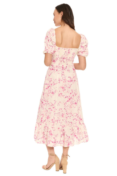 London Times T10360M Ivory Raspberry Linen Floral Puff Sleeve Square Neck A-Line Midi Dress with Slit Detail and Ruffled Detail