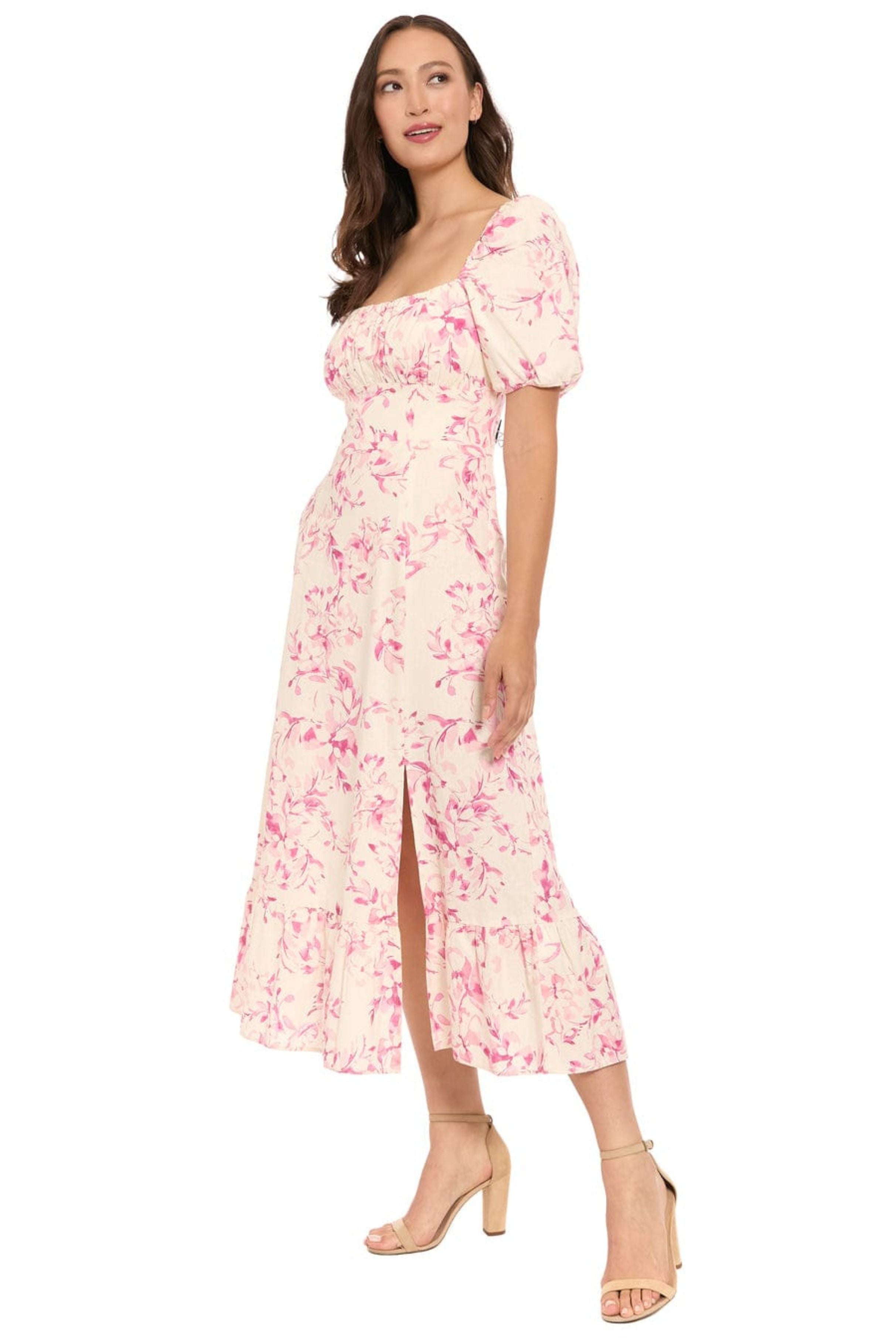 London Times T10360M Ivory Raspberry Linen Floral Puff Sleeve Square Neck A-Line Midi Dress with Slit Detail and Ruffled Detail