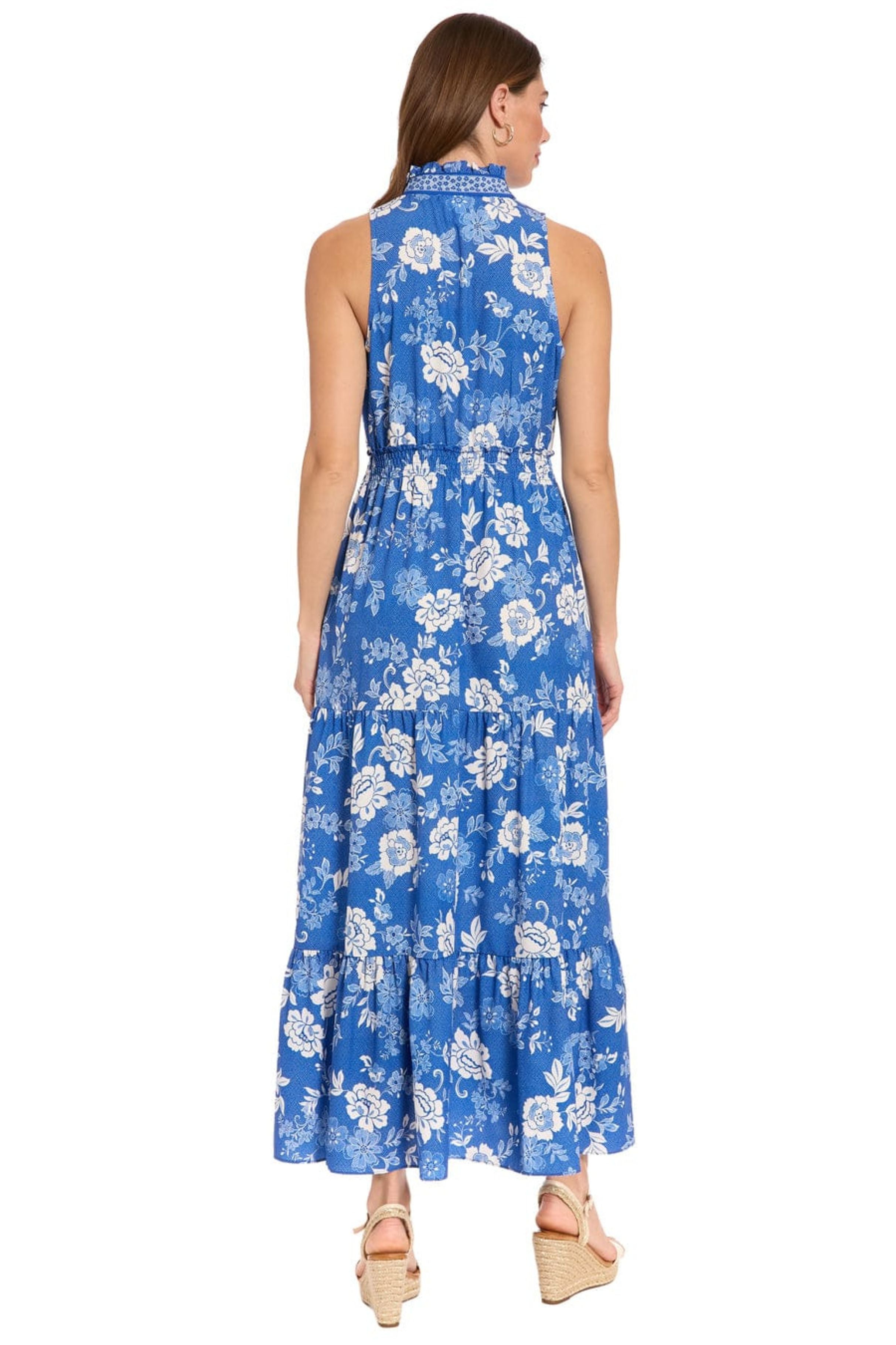 London Times T10390M Floral Sleeveless Tiered Collared A-Line Maxi Dress with Ruffled Detail