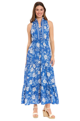 London Times T10390M Floral Sleeveless Tiered Collared A-Line Maxi Dress with Ruffled Detail