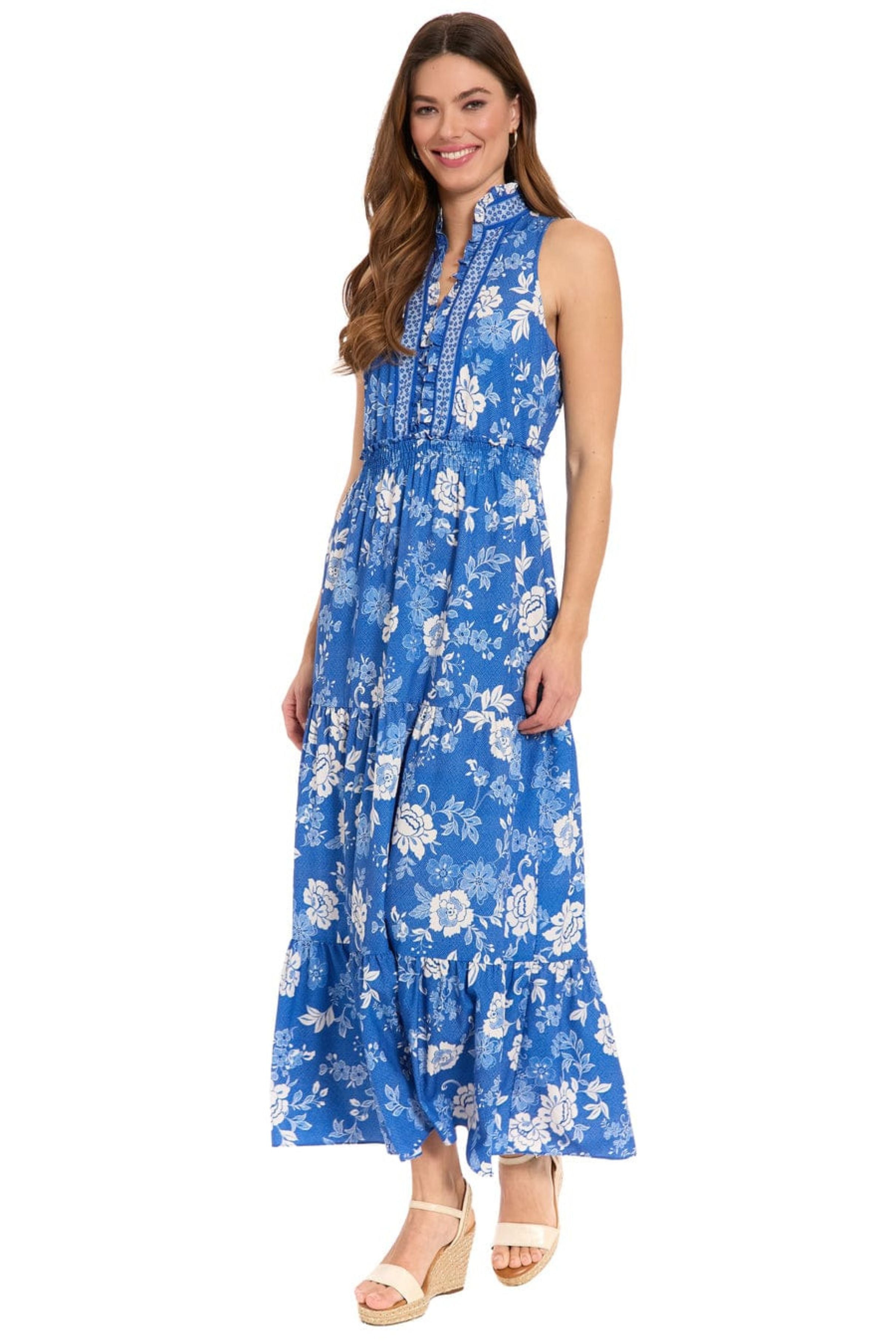 London Times T10390M Floral Sleeveless Tiered Collared A-Line Maxi Dress with Ruffled Detail