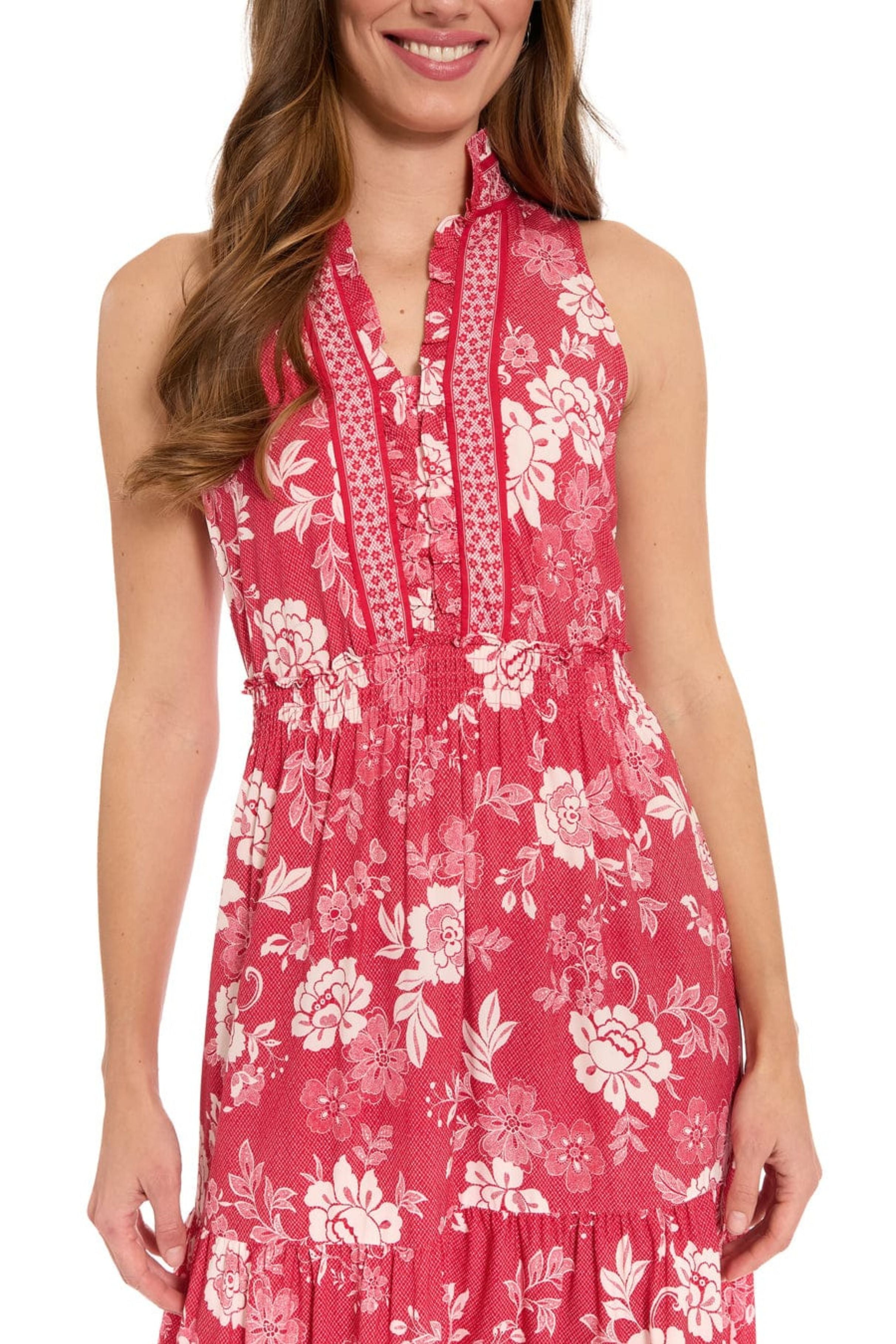 London Times T10390M Floral Sleeveless Tiered Collared A-Line Maxi Dress with Ruffled Detail