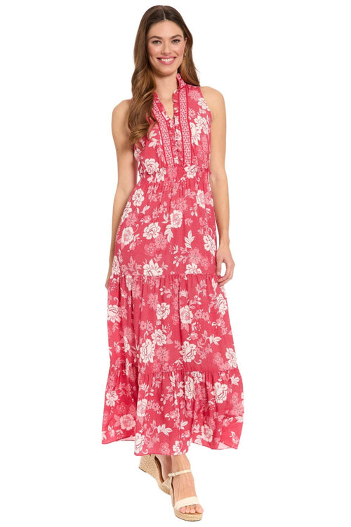 London Times T10390M Floral Sleeveless Tiered Collared A-Line Maxi Dress with Ruffled Detail