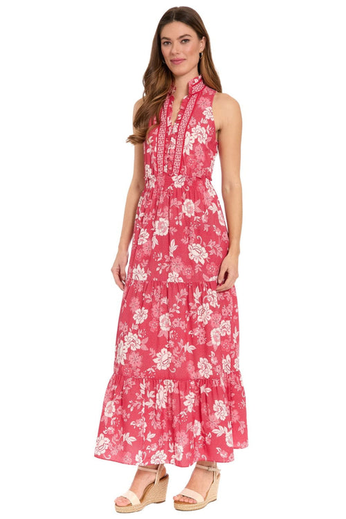 London Times T10390M Floral Sleeveless Tiered Collared A-Line Maxi Dress with Ruffled Detail